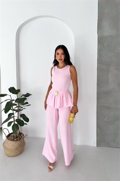 kaldın pembe kolsuz gold toka detaylı peplum kesim premium tulum NBK4637
