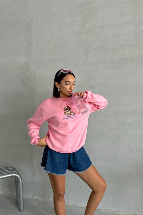 kadın pembe içi pamuklu nakış detaylı sweat NBG035