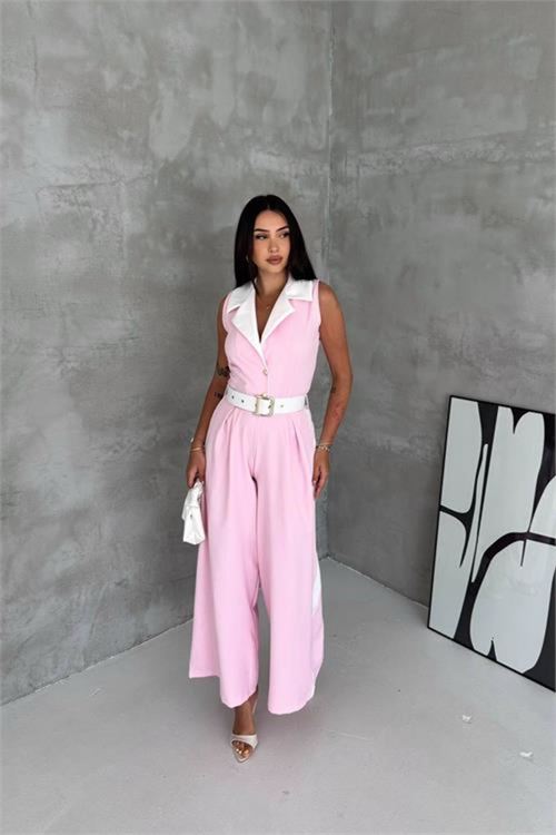 kadın pembe çift renkli kemerli şerit detaylı tam boy kolsuz tulum NBK087