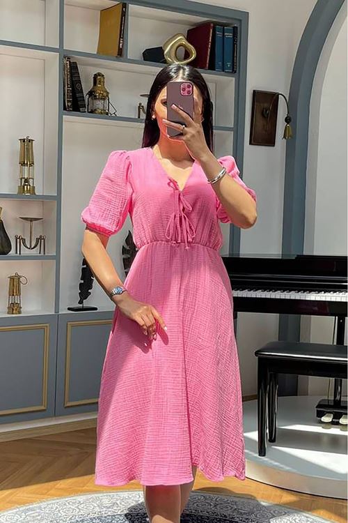 kadın fuşya müslin kumaş yazlık elbise NBMY3753