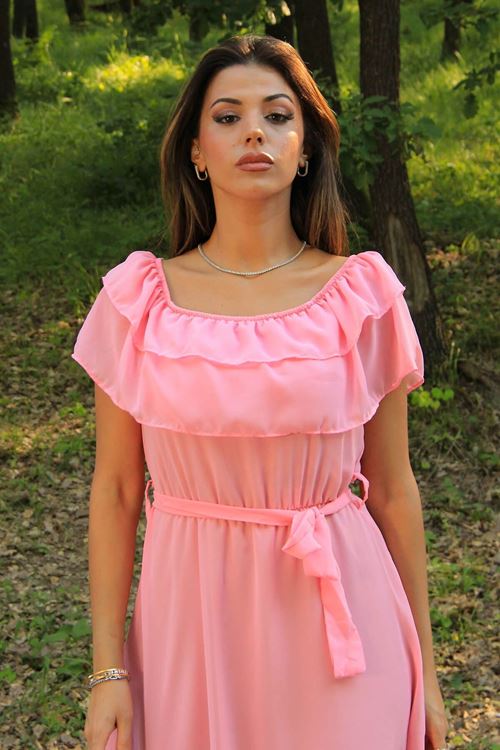 Kadın Pembe Kuşaklı Madonna Yaka Baby Shower Elbise Nb8060