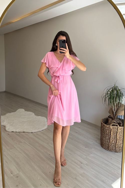 kadın v yaka kuşaklı mini şifon elbise NM007