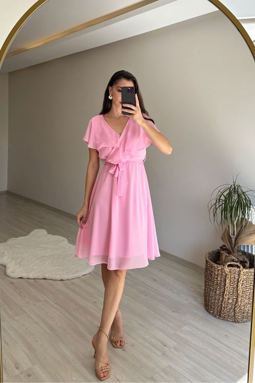 kadın v yaka kuşaklı mini şifon elbise NM007