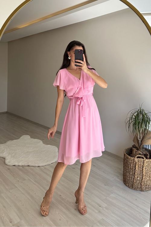 kadın v yaka kuşaklı mini şifon elbise NM007