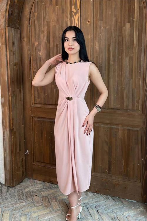 kadın pudra drapeli gold toka detaylı midi boy elbise NBMY3892