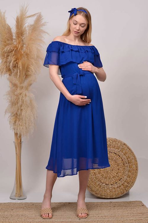 Kadın Saks Mavisi Baby Shower Şifon Hamile Elbise Hml8060