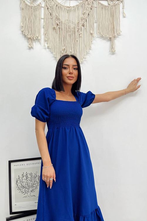 kadın saks mavisi poplin kare yaka elbise NBG018