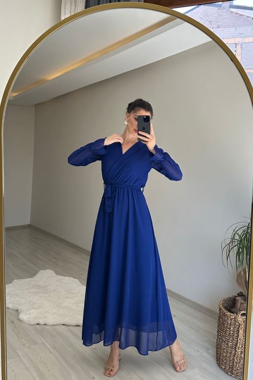 kadın uzun kollu kuşaklı maxi şifon elbise NM001