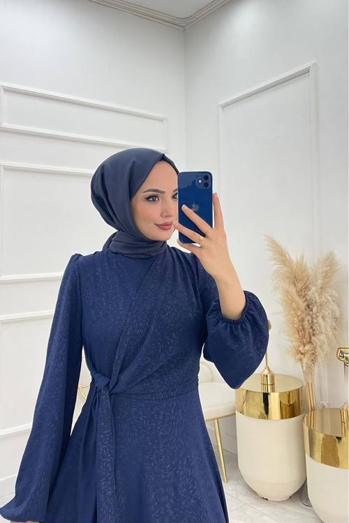 kadın bağlama detaylı jakarlı tesettür elbise NMS044