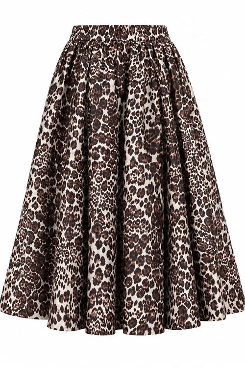 Kadın Kahverengi Leopar Desenli Yüksek Bel Kloş Midi Etek DKHF062