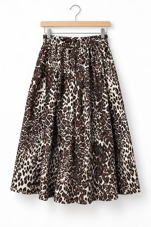 Kadın Kahverengi Leopar Desenli Yüksek Bel Kloş Midi Etek DKHF062