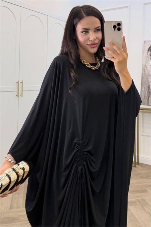 kadın siyah büzgü detaylı premium tunik pantolon tesettür takım NMS103