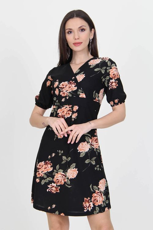 Kadın Siyah Kruvaze Yaka Örme Krep Mini Elbise Nb100221