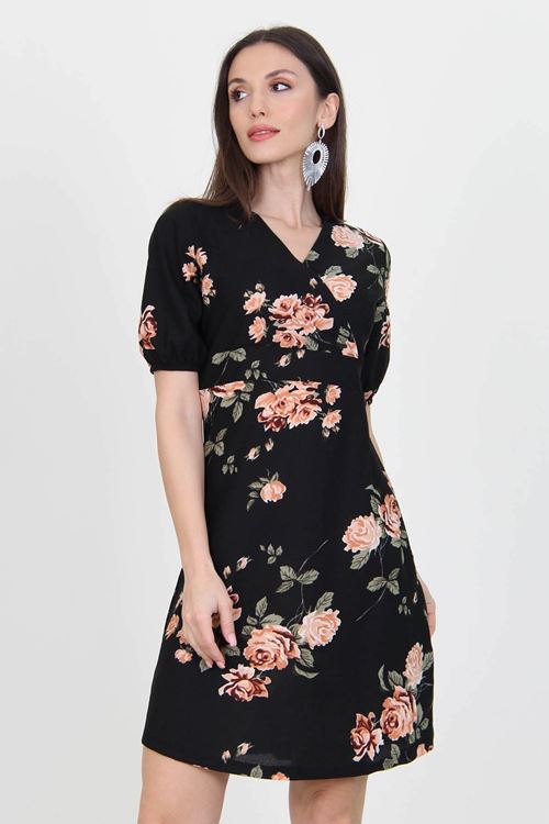 Kadın Siyah Kruvaze Yaka Örme Krep Mini Elbise Nb100221