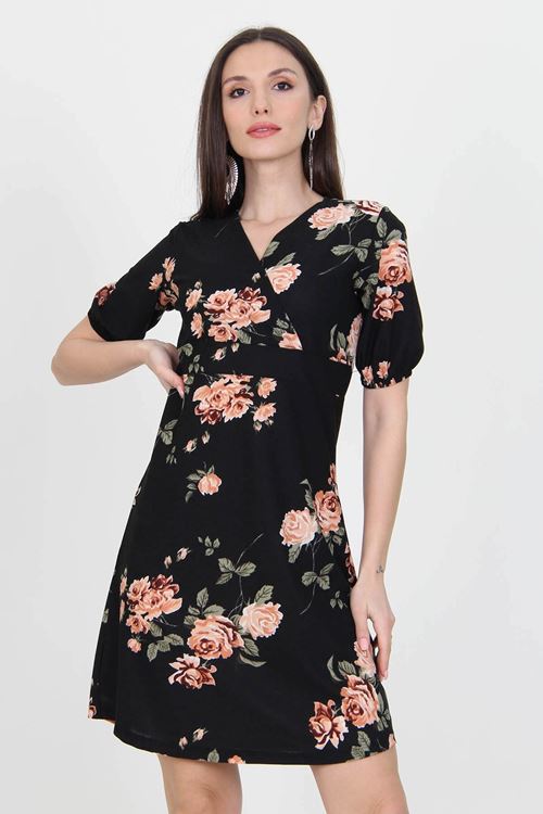 Kadın Siyah Kruvaze Yaka Örme Krep Mini Elbise Nb100221