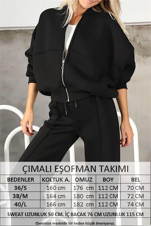 Kadın penye 3 iplik şardonlu kumaş GTS022 - Siyah