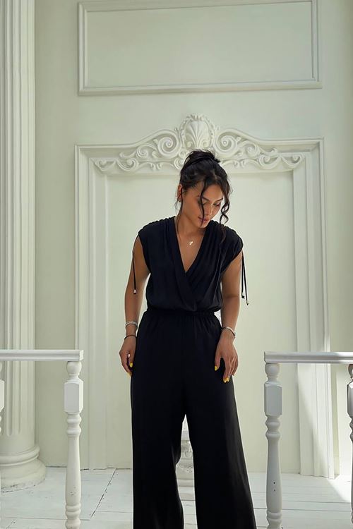 kadın siyah kruvaze yaka yazlık tulum NBMY3805