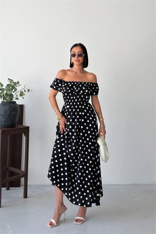 kadın siyah madonna yaka fırfır detaylı desenli midi boy elbise NBG136