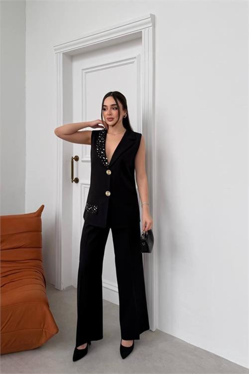 kadın siyah taş işlemeli düğme detaylı kolsuz blazer ceket pantolon takım NBSTR1030