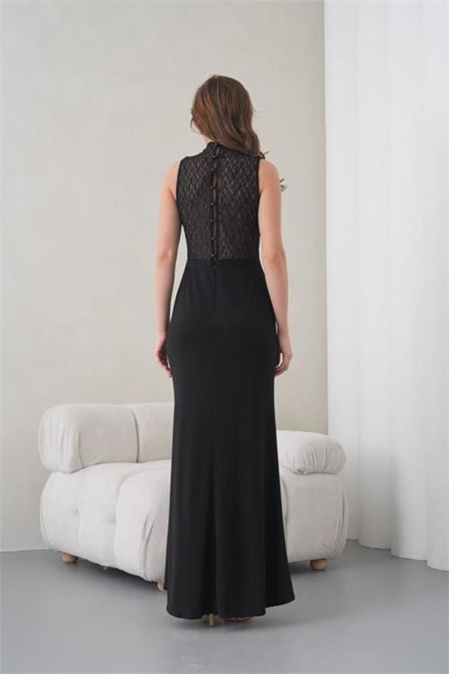 kadın siyah degaje yaka dantel detaylı maxi boy abiye elbise NBS9385