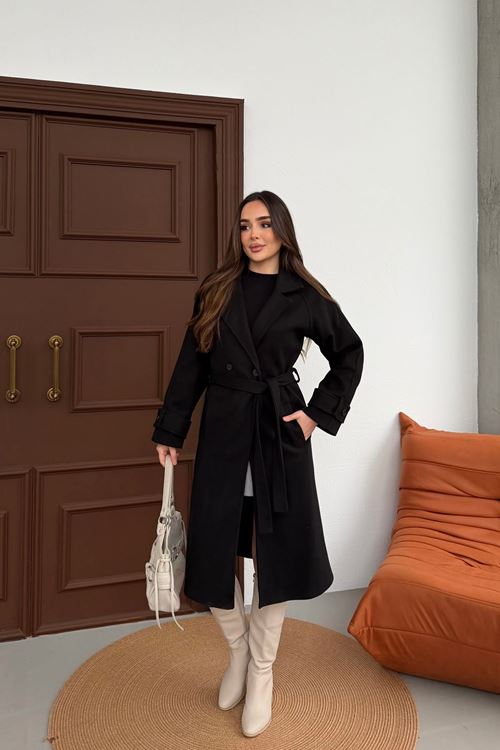 Kadın Siyah Kuşaklı Düğme Detaylı Kaşe Kaban Nbkbn01