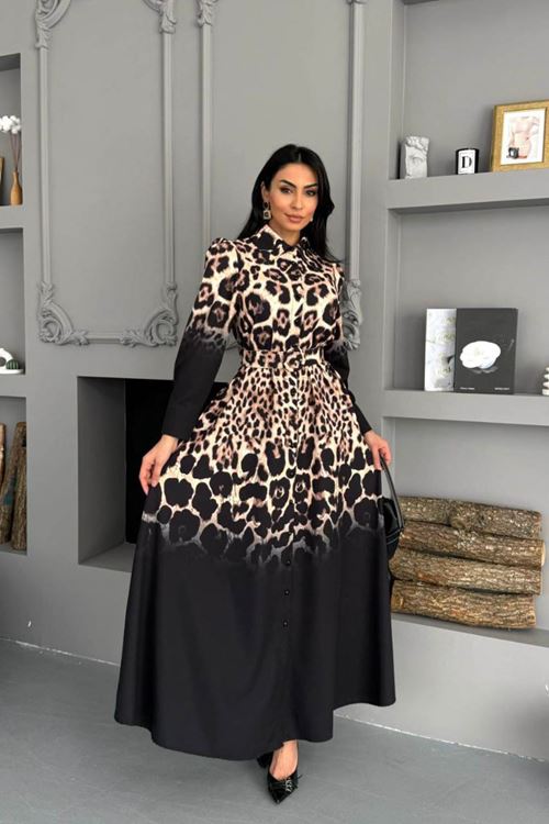 kadın siyah leopar desen atlas kumaş düğmeli ithal elbise NBMS2597