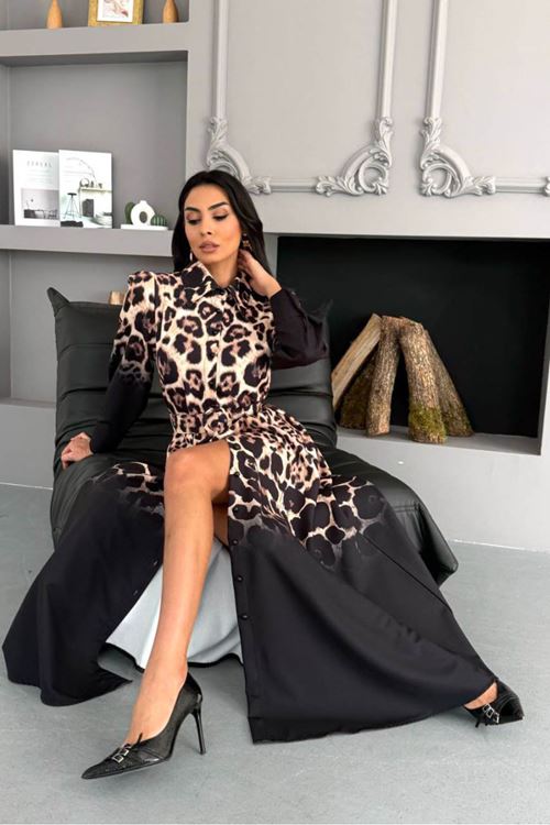 kadın siyah leopar desen atlas kumaş düğmeli ithal elbise NBMS2597