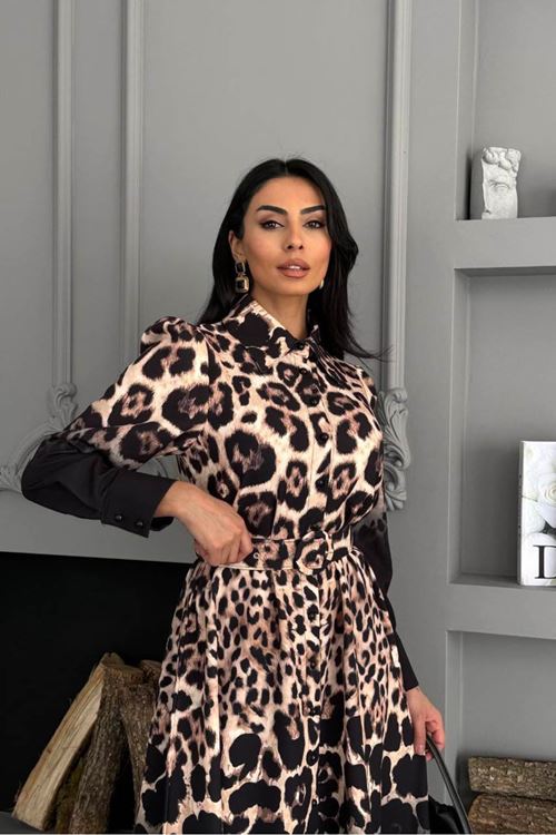 kadın siyah leopar desen atlas kumaş düğmeli ithal elbise NBMS2597
