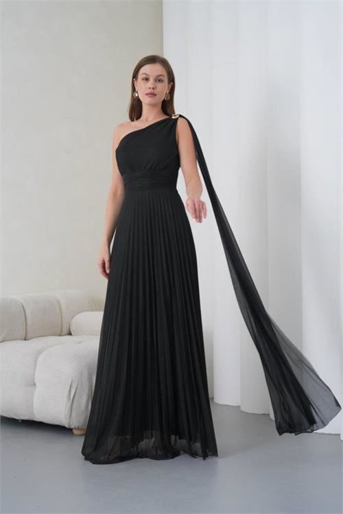 kadın siyah tek omuz tokalı drape detaylı ışıltılı tül kumaş abiye elbise NBS9388