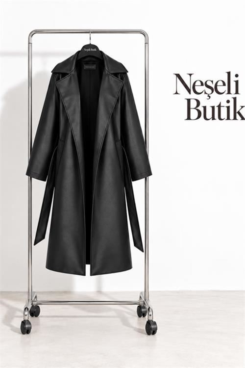 kadın siyah kol detaylı tam boy suni deri kuşaklı premium trençkot NBELV01