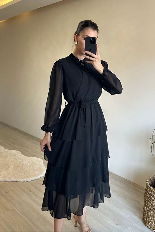kadın kat kat volanlı kuşaklı midi şifon elbise NM004