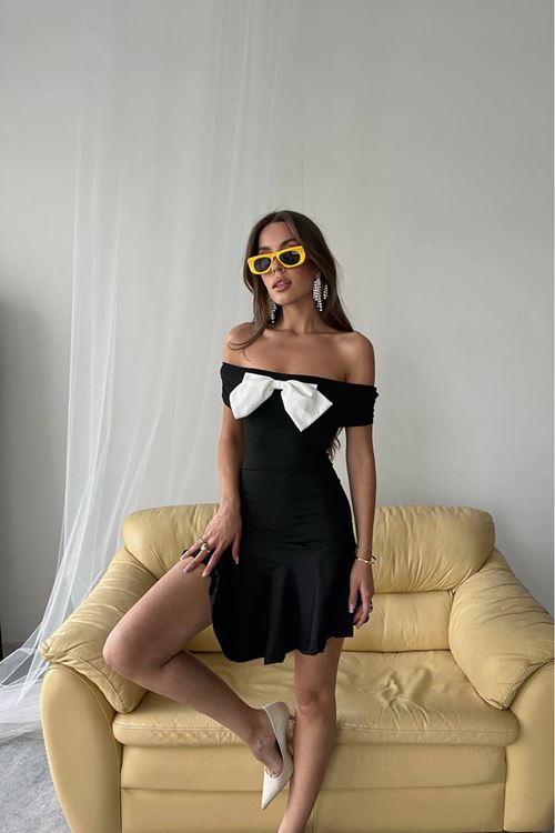 kadın mini boy likralı fiyonk elbise NBDF038