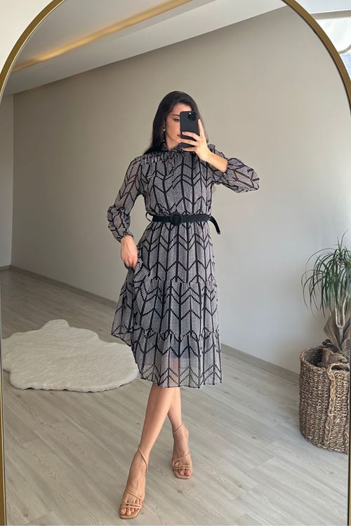 kadın yaka lastikli küçük puantiyeli midi şifon elbise NM022