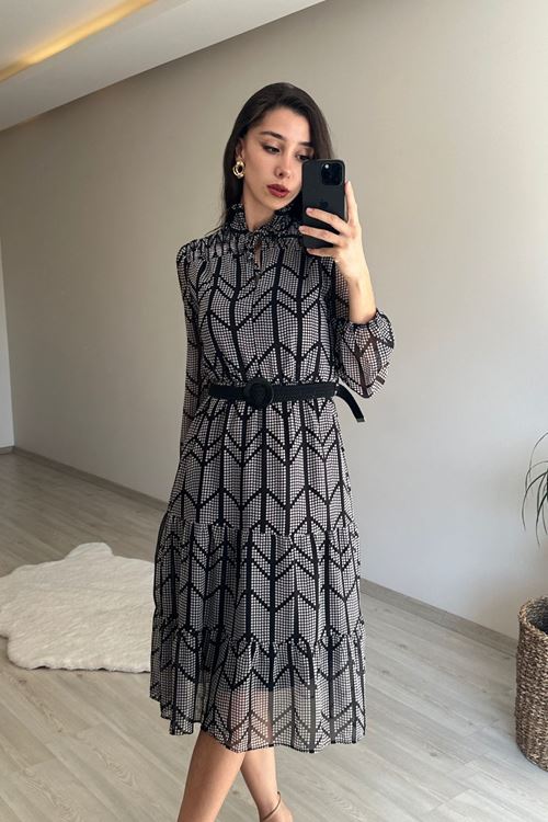 kadın yaka lastikli küçük puantiyeli midi şifon elbise NM022