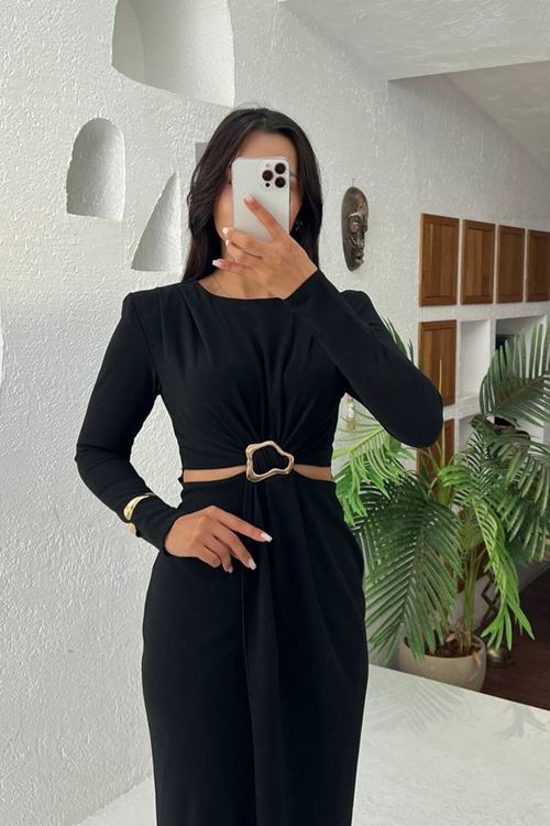 kadın bel dekolteli toka detaylı uzun kollu elbise NBMY3655
