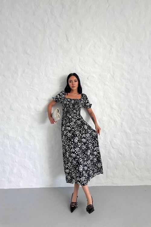 kadın yazlık madonna yaka desenli viskon elbise NBG022