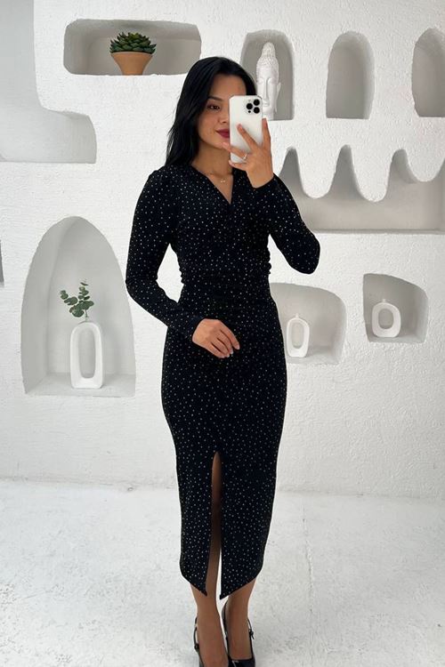 kadın kruvaze yaka yırtmaçlı midi boy elbise NBMY3837