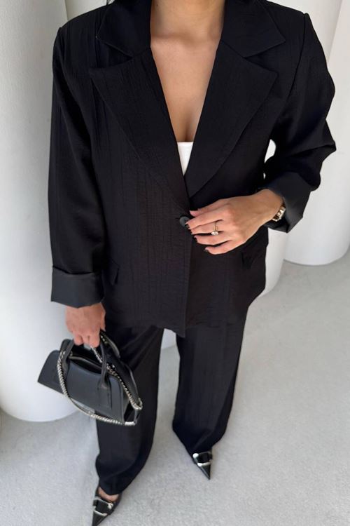 kadın siyah oversize tek düğmeli blazer ceket pantolon takım NBSTR4085