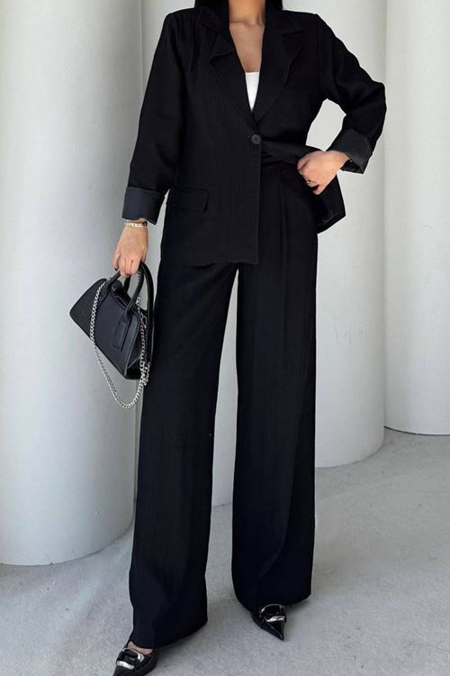 kadın siyah oversize tek düğmeli blazer ceket pantolon takım NBSTR4085
