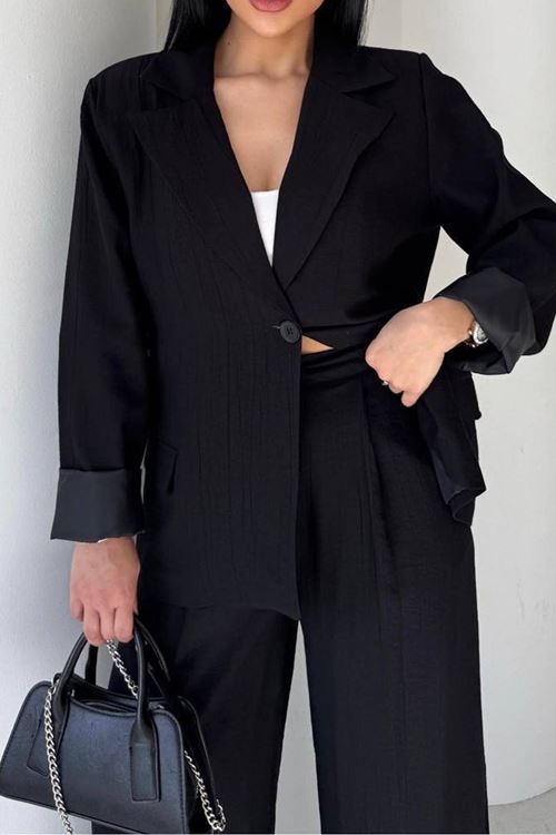 kadın siyah oversize tek düğmeli blazer ceket pantolon takım NBSTR4085