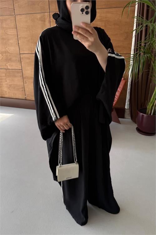 kadın siyah şerit detaylı oversize tunik pantolon ikili tesettür takım NMS102