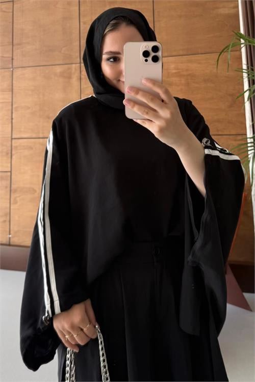kadın siyah şerit detaylı oversize tunik pantolon ikili tesettür takım NMS102