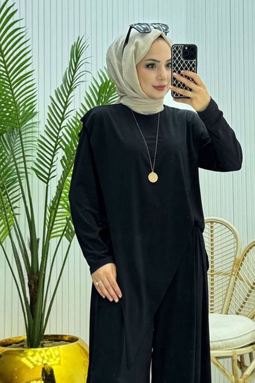kadın candy kumaş asimetrik kesim tunik pantolon ikili tesettür takım NMS072