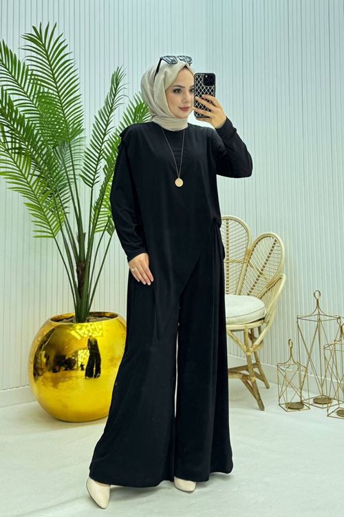 kadın candy kumaş asimetrik kesim tunik pantolon ikili tesettür takım NMS072