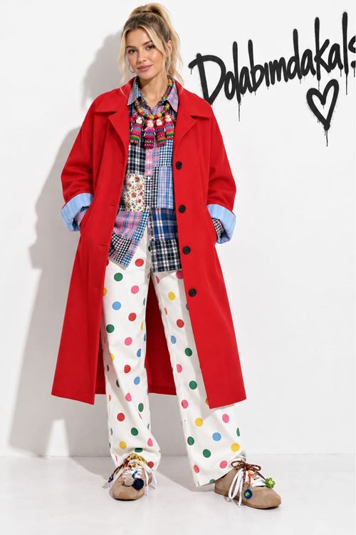 Kadın oversize çift renkli astarlı tam boy düğmeli trençkot DKHF063