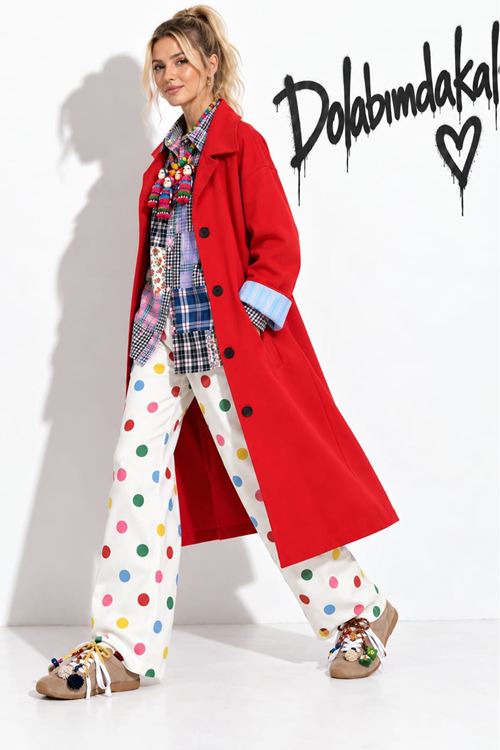 Kadın oversize çift renkli astarlı tam boy düğmeli trençkot DKHF063