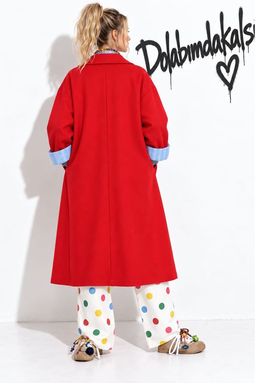 Kadın oversize çift renkli astarlı tam boy düğmeli trençkot DKHF063