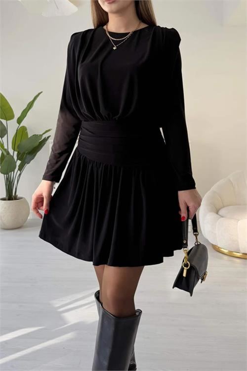 kadın siyah sandy kumaş vatka ve drape detaylı mini boy elbise NBDKS1404