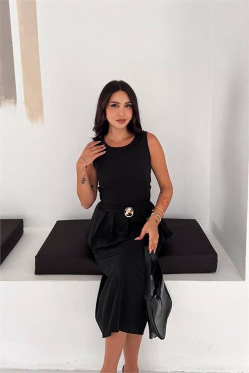 kadın siyah kolsuz peplum kesim midi boy kemer tokalı elbise NBK4640