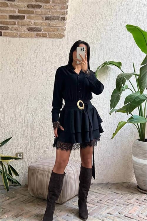 kadın siyah gömlek yaka dantel detaylı kat kat mini elbise NBMY3858